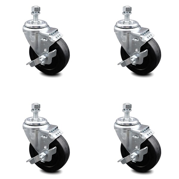 4 Inch Soft Rubber Wheel Swivel 10mm Threaded Stem Caster Set with Brake SCC